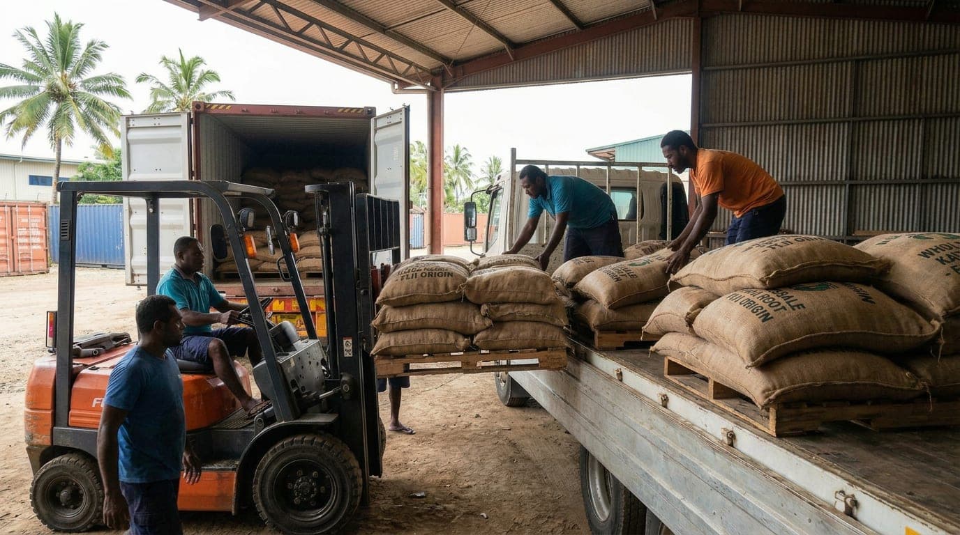 Kava export shipment in the loading bay of a Fiji processing facility